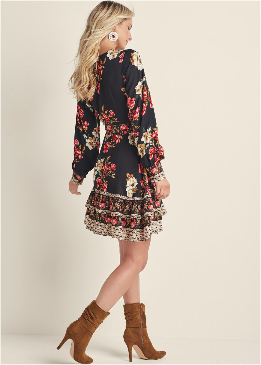 Floral Print Mini Dress - Black Multi