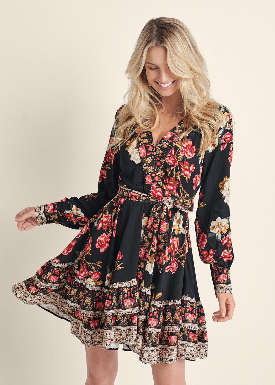 Floral Print Mini Dress - Black Multi