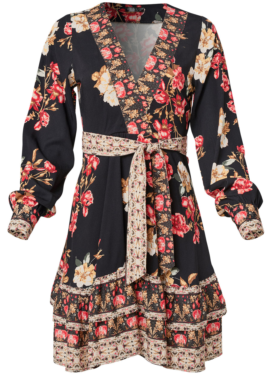 Floral Print Mini Dress - Black Multi