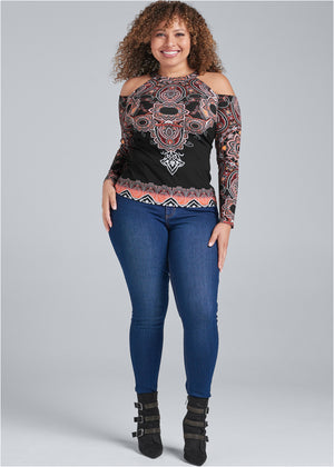 Paisley Cold-Shoulder Top - Black Multi - thumbnail-11