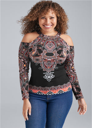 Paisley Cold-Shoulder Top - Black Multi - thumbnail-10