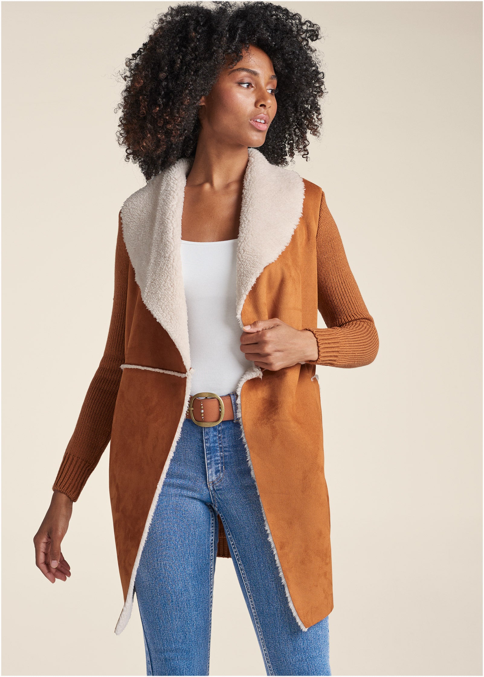 Faux-Shearling Lined Coat - Camel