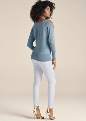 Cold-Shoulder Sweater - Blue - thumbnail-2