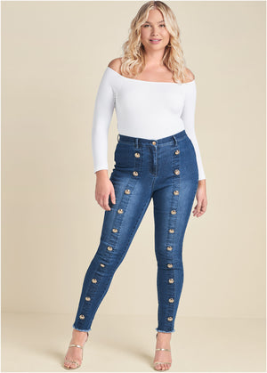 Jean skinny taille haute avec boutons - Délavage moyen - thumbnail-17