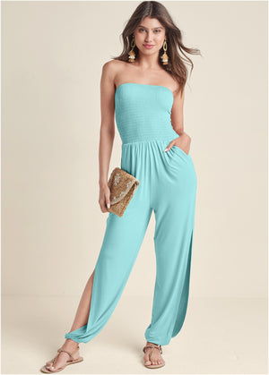 Smocked side slit jumpsuit - Mint - thumbnail-1