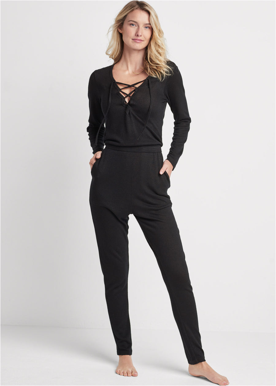 Cozy Hacci Lace-Up Jumpsuit - Black