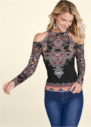 Paisley Cold-Shoulder Top - Black Multi - thumbnail-1