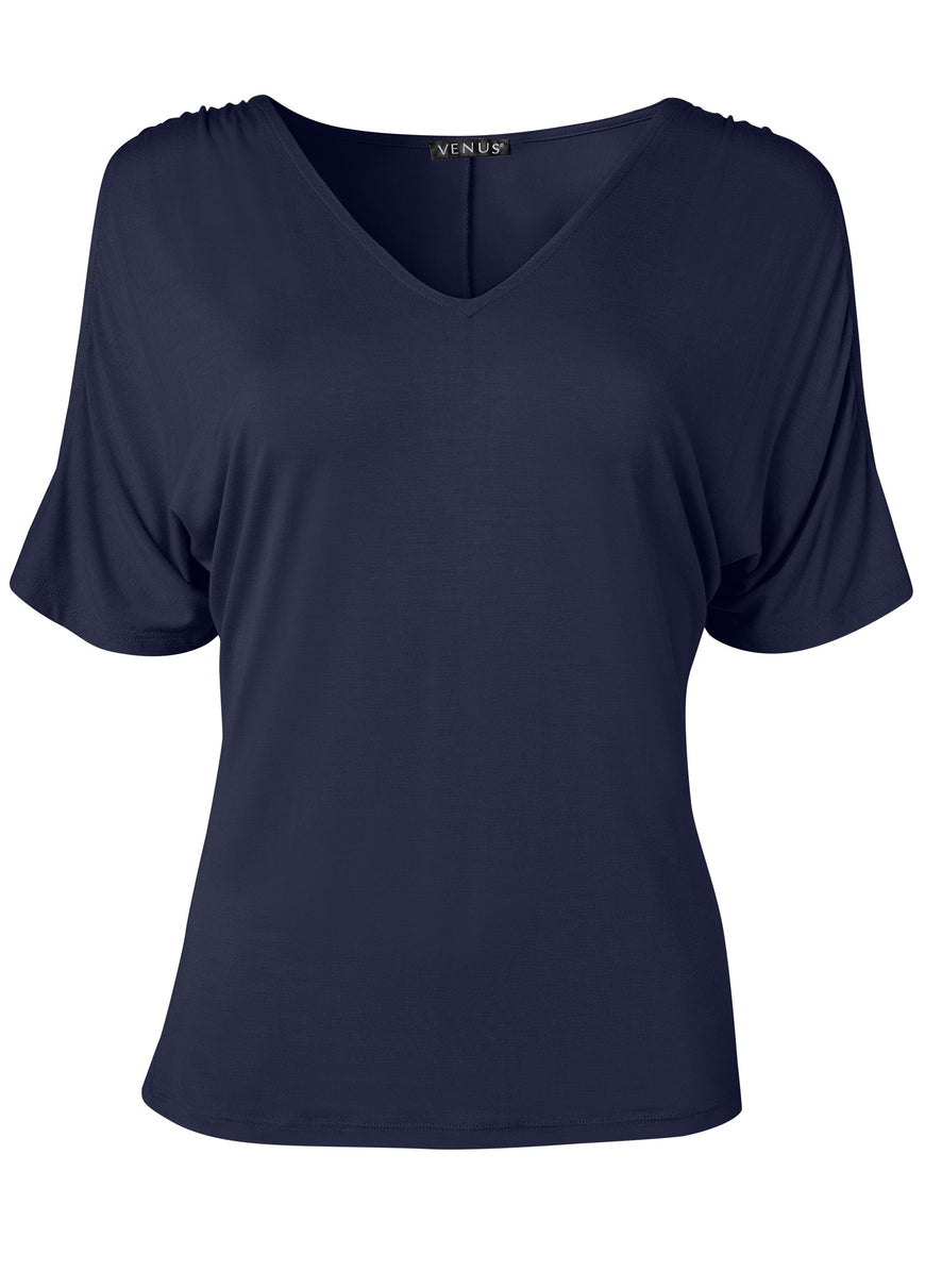 Cold-Shoulder V-Neck Top - Navy