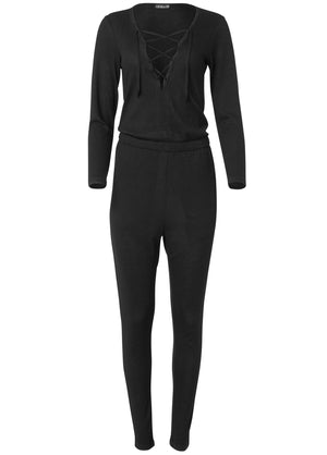 Cozy Hacci Lace-Up Jumpsuit - Black - thumbnail-5