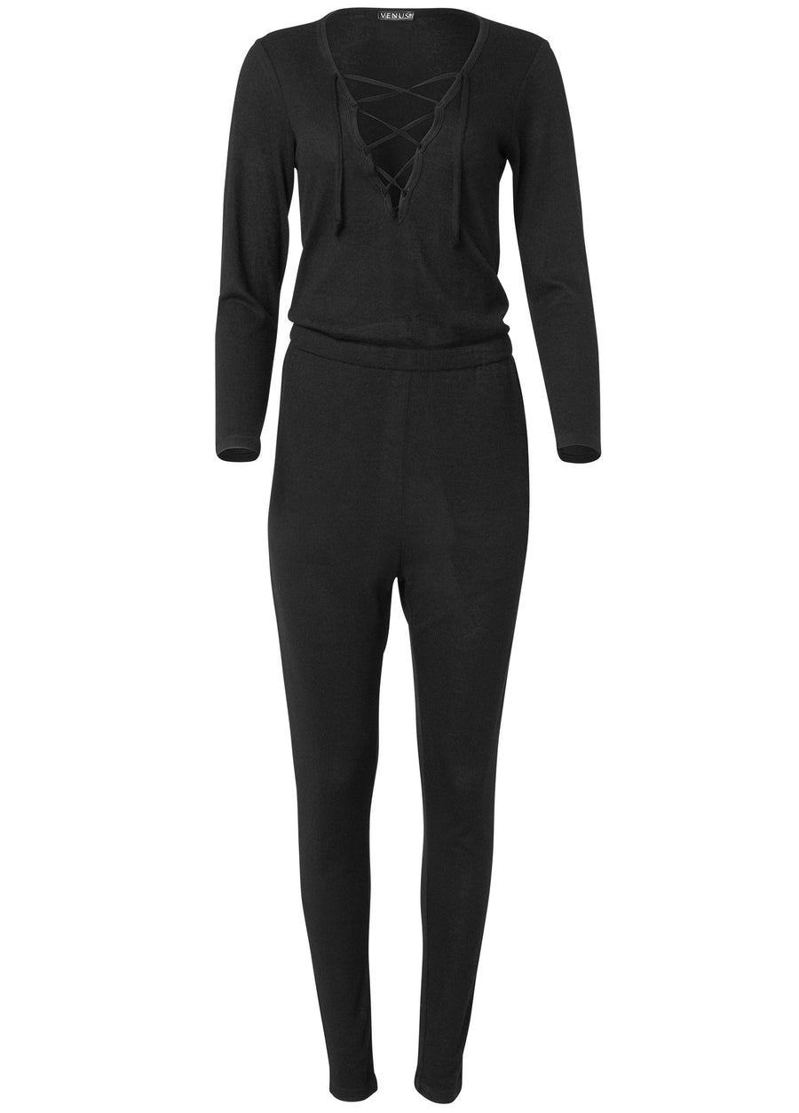 Cozy Hacci Lace-Up Jumpsuit - Black