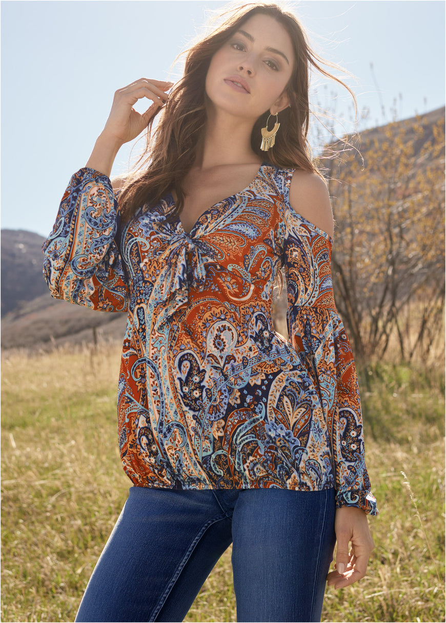 Cold-Shoulder Paisley Top - Orange Multi