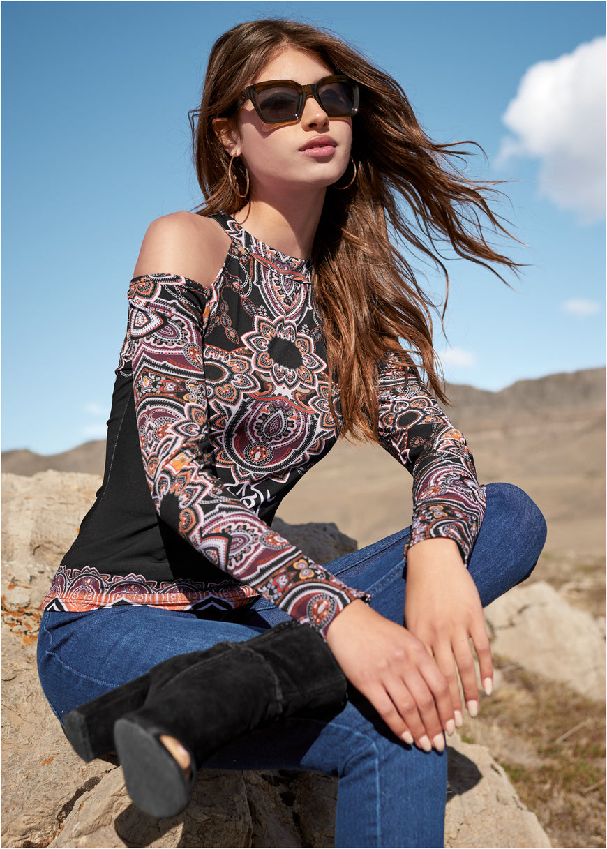 Paisley Cold-Shoulder Top - Black Multi