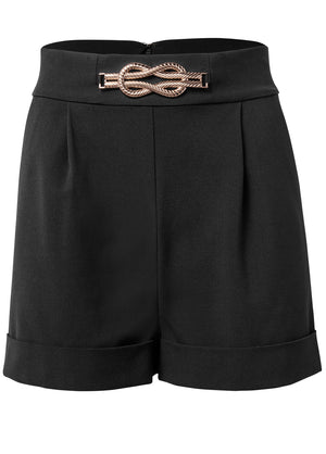 Pleated cuffed shorts with gold trim piece - Black - thumbnail-6