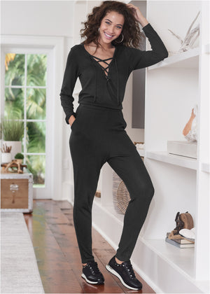 Cozy Hacci Lace-Up Jumpsuit - Black - thumbnail-6