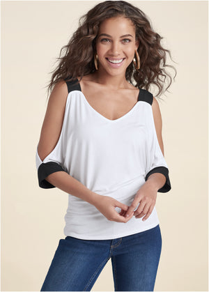 Cold Sholder Color Block Top - White & Black - thumbnail-1