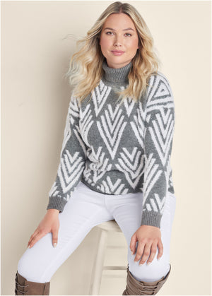 Printed Eyelash Turtleneck Sweater - Grey Multi - thumbnail-7