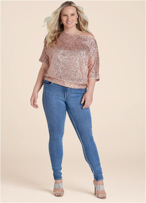 Off-Shoulder Sequin Top - Rose Gold - thumbnail-13