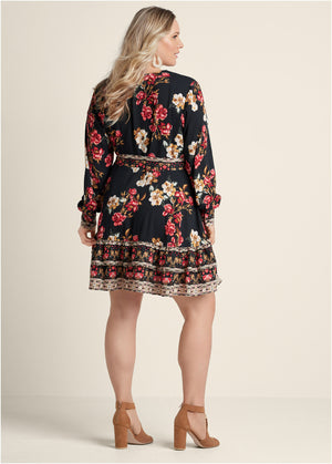 Floral Print Mini Dress - Black Multi - thumbnail-13