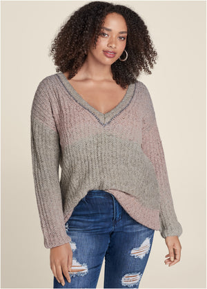 Ombre Knit V-Neck Sweater - Pink Multi - thumbnail-9