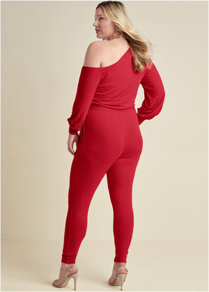 Off-Shoulder Jumpsuit - Red - thumbnail-10