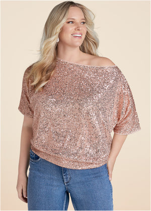 Off-Shoulder Sequin Top - Rose Gold - thumbnail-9