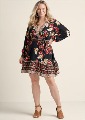 Floral Print Mini Dress - Black Multi - thumbnail-11