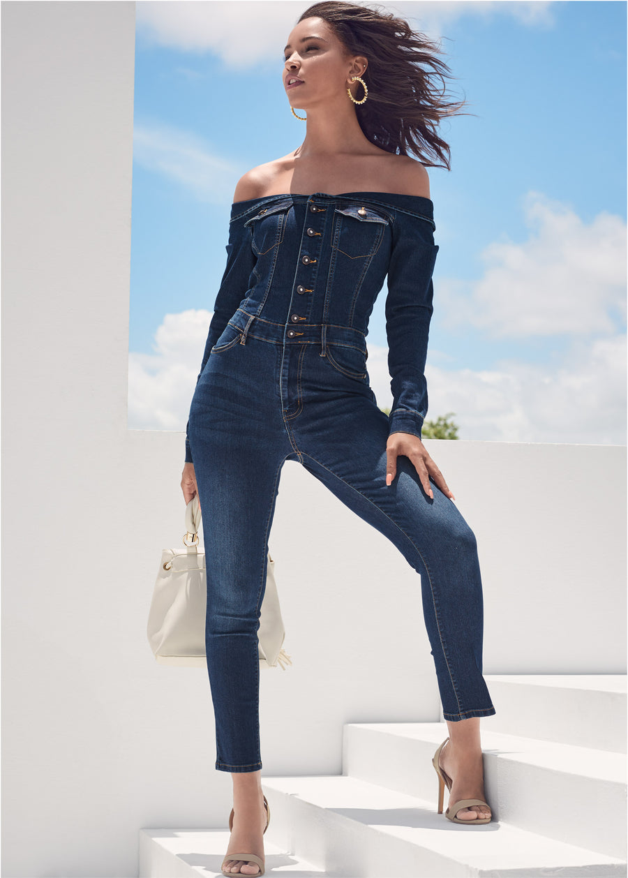 Off-The-Shoulder Denim Jumpsuit - Dark Wash