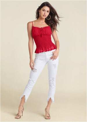 Smocked Mesh Top - Red - thumbnail-2