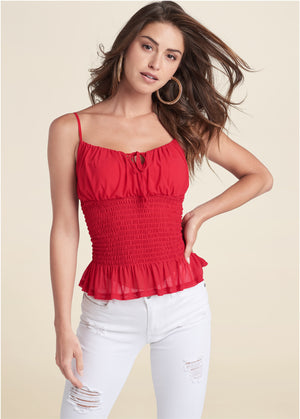 Smocked Mesh Top - Red - thumbnail-1