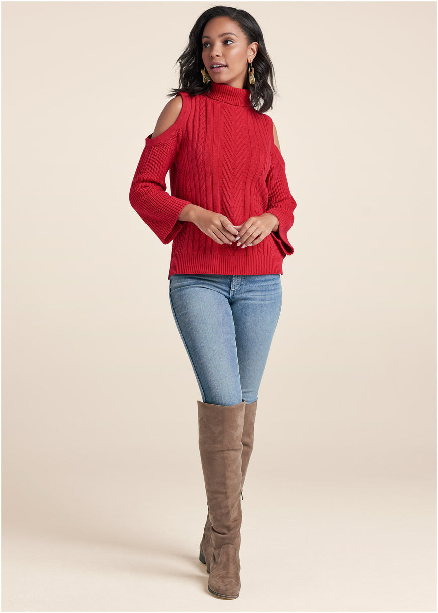 Cold-Shoulder Sweater - Red