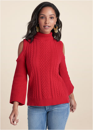 Cold-Shoulder Sweater - Red - thumbnail-1