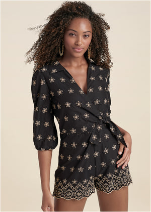 Eyelet Wrap Tie Romper - Black & Taupe - thumbnail-1