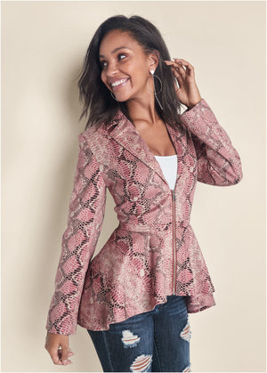 Python Print Hi-Low Faux Suede Jacket - Pink Multi - thumbnail-7