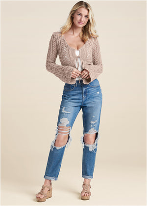 Tie Front Cropped Crochet Cardigan - Taupe - thumbnail-2