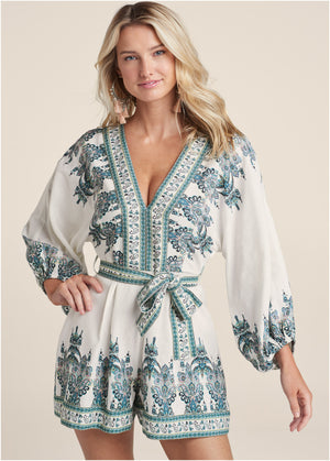 Paisley Print Linen Romper - White Multi - thumbnail-6