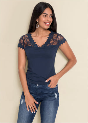 Lace Detail Tee - Navy - thumbnail-1