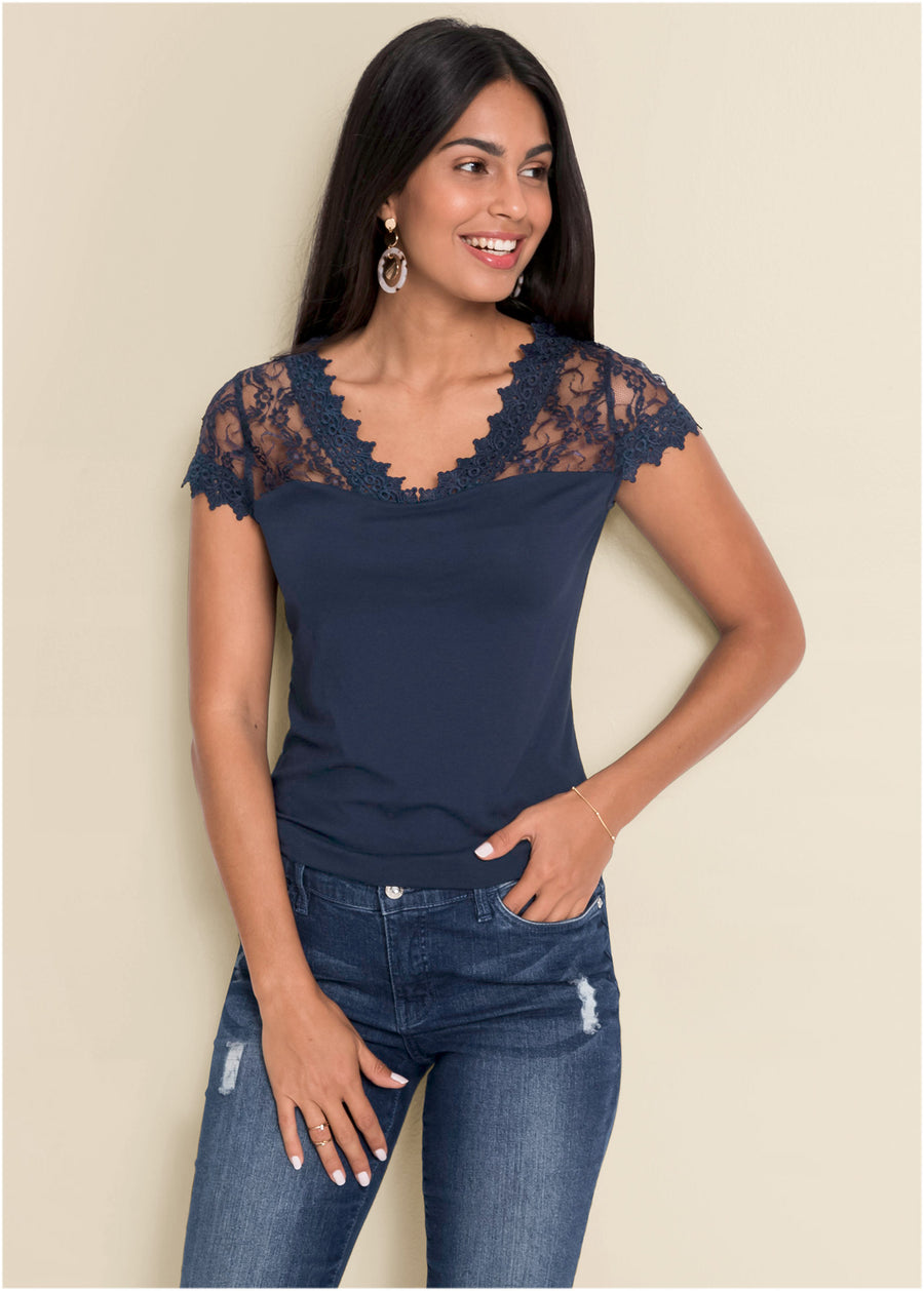 Lace detail tee - Navy