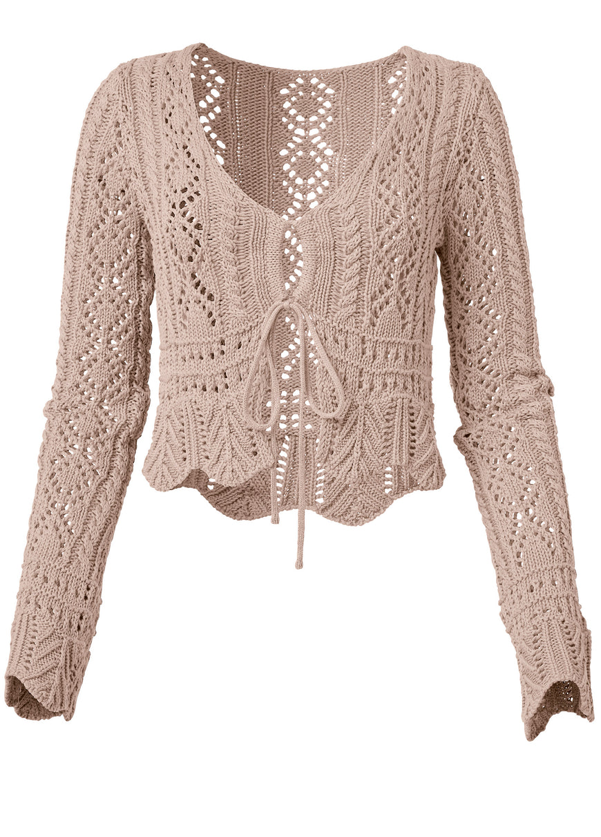 Tie Front Cropped Crochet Cardigan - Taupe