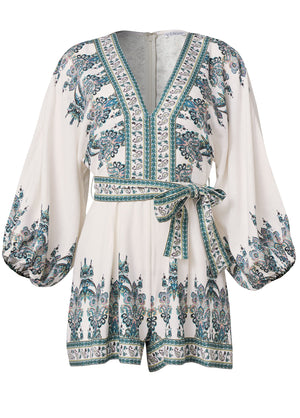 Paisley Print Linen Romper - White Multi - thumbnail-5