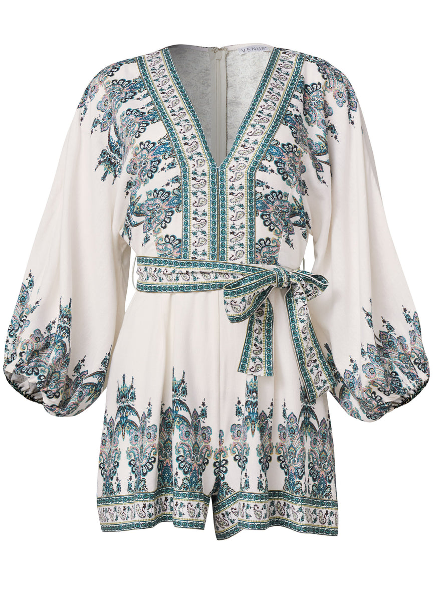 Paisley Print Linen Romper - White Multi