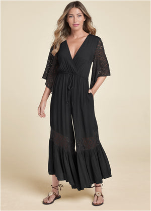 Wide Leg Lace Trim Jumpsuit - Black - thumbnail-1