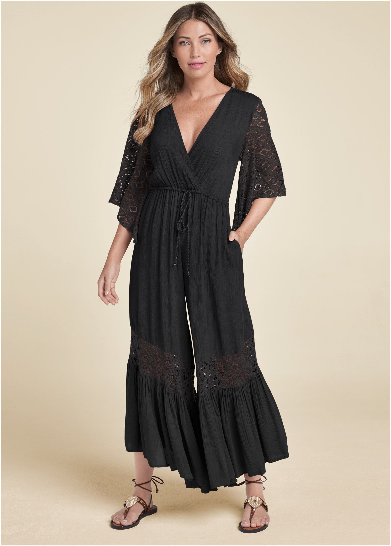 Wide Leg Lace Trim Jumpsuit - Black