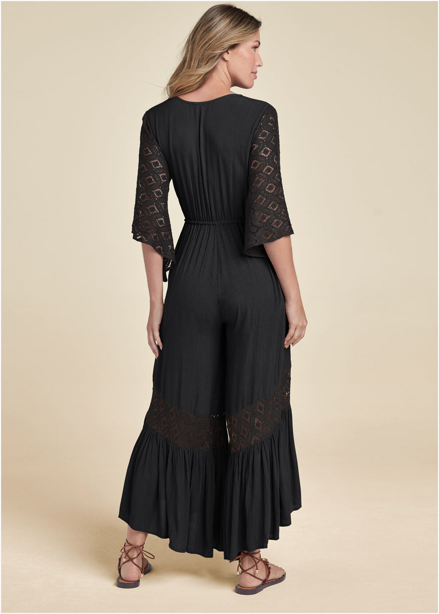 Wide Leg Lace Trim Jumpsuit - Black