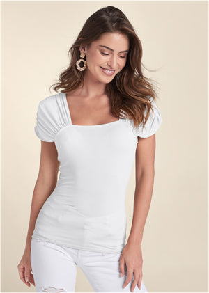 Ruched Sleeve Top - White - thumbnail-1