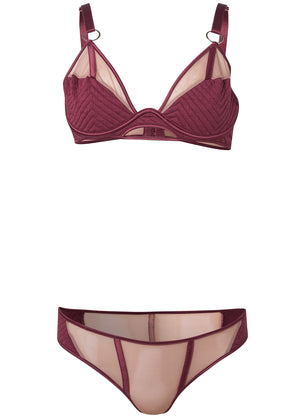 Sheer Bralette And Panty Set - Nude & Burgundy - thumbnail-5