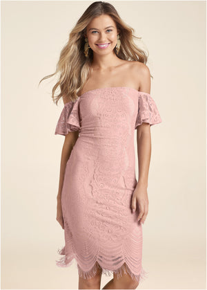 Off-The-Shoulder Lace Dress - Peach - thumbnail-1