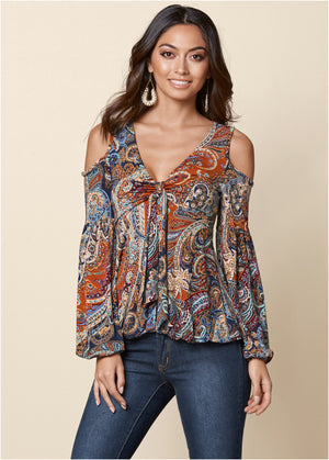 Cold-Shoulder Paisley Top - Orange Multi - thumbnail-1