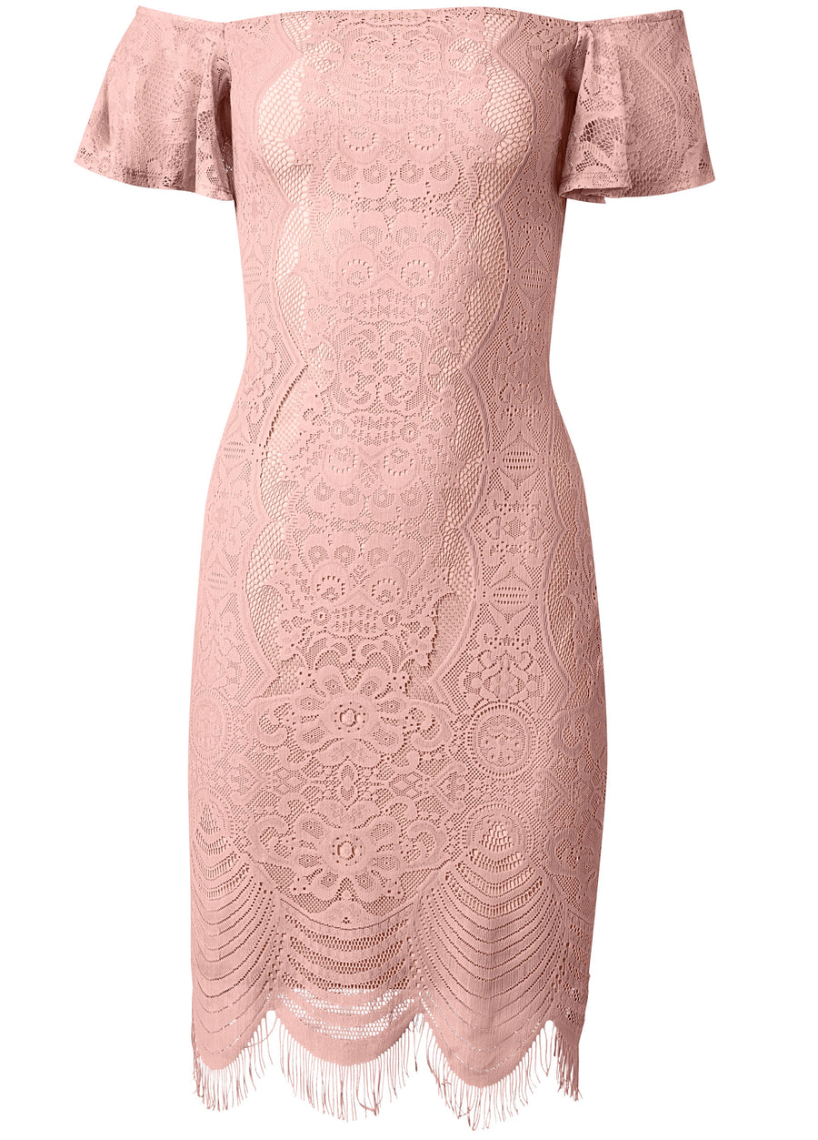 Off-The-Shoulder Lace Dress - Peach