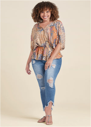 Printed Faux-Wrap Top - Orange Multi - thumbnail-8