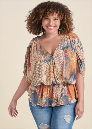 Printed Faux-Wrap Top - Orange Multi - thumbnail-7